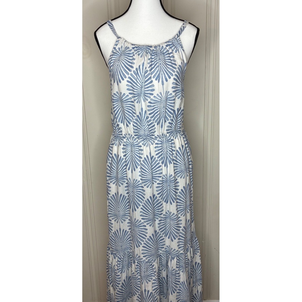 Joie Linen Blend Tiered Maxi Dress Sz M Blue White Palm Leaf Boho Tropical Vacay